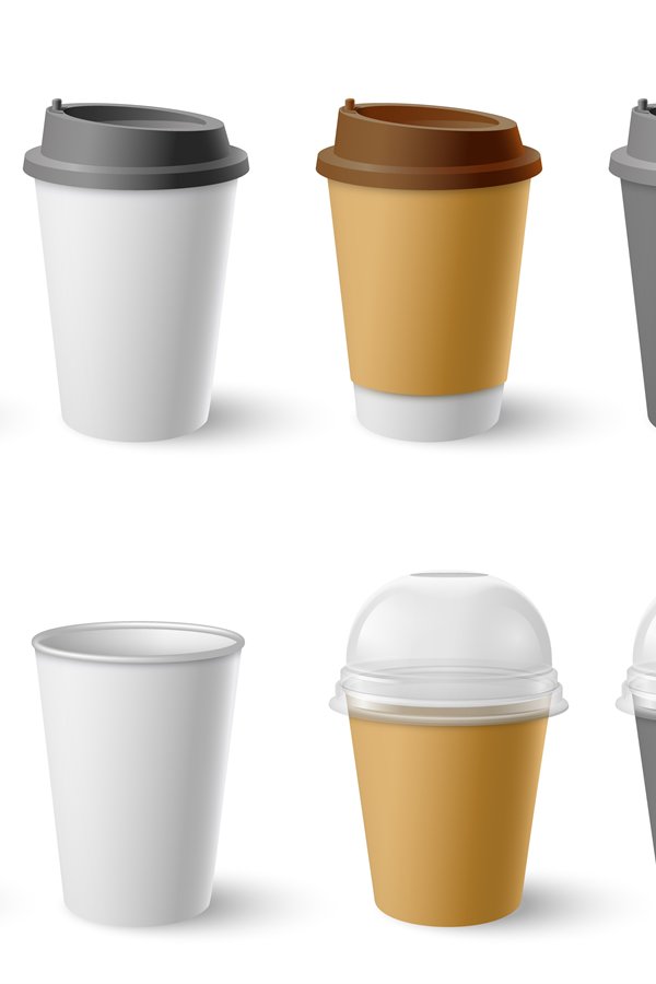 Paper cup. Cardboard cups with cap and mugs for hot coffee a