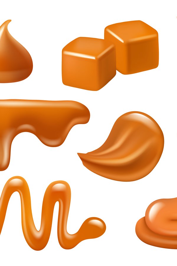 Caramel drops. Liquid candies and sweets splashes spread pea