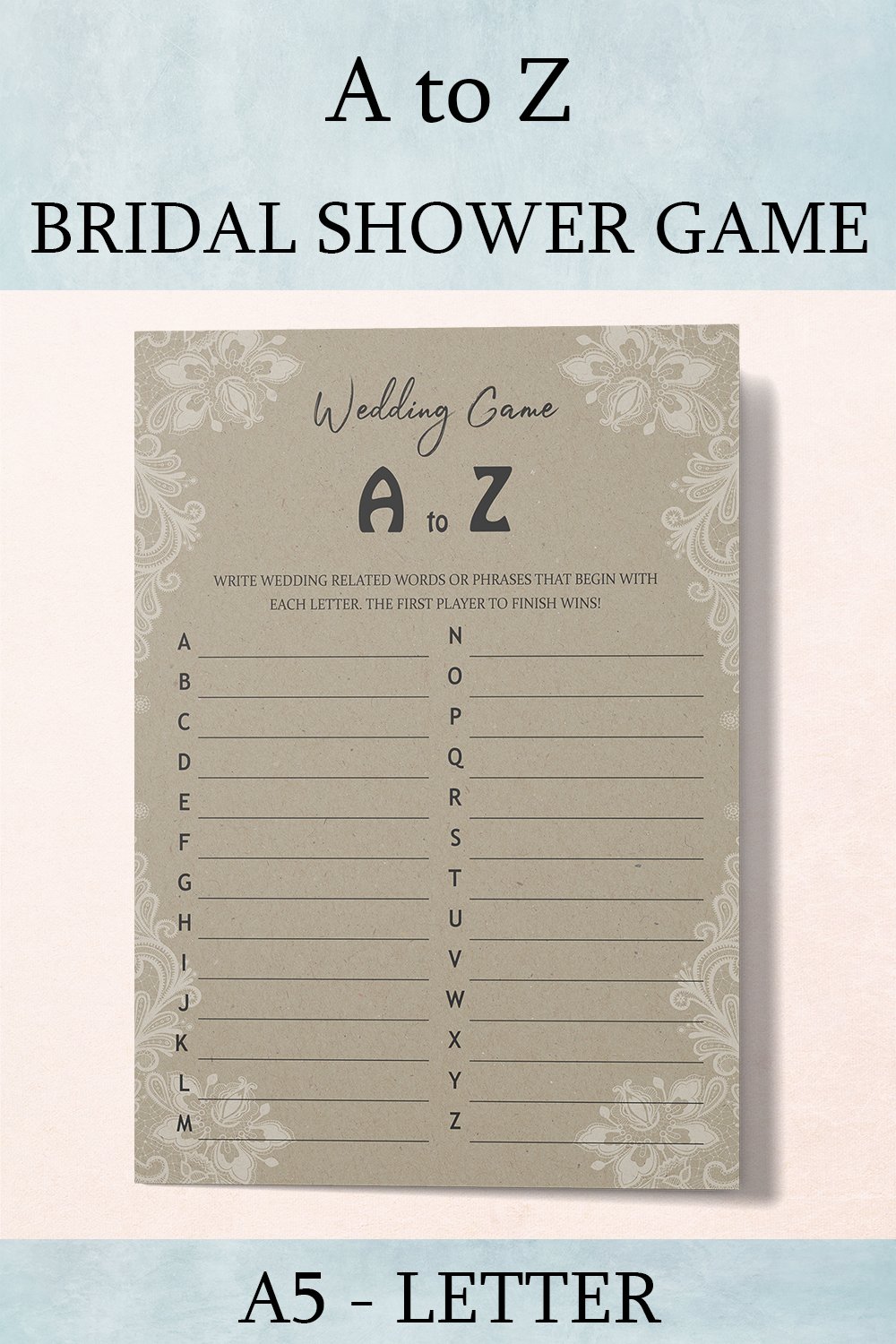 A to Z Bridal Shower Game, Wedding Game Printable