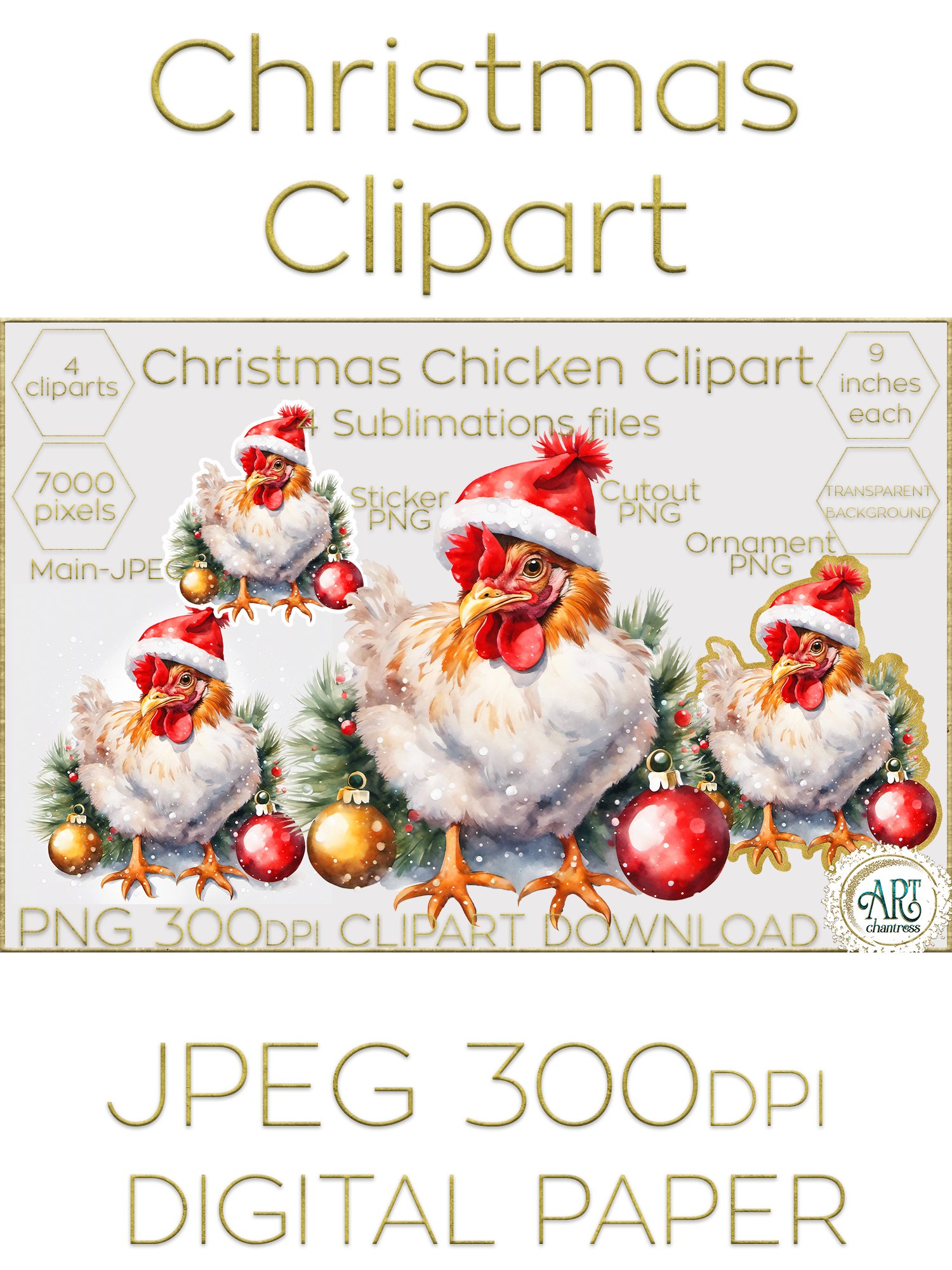 Christmas Chicken Clipart Winter Decor Printable Watercolor