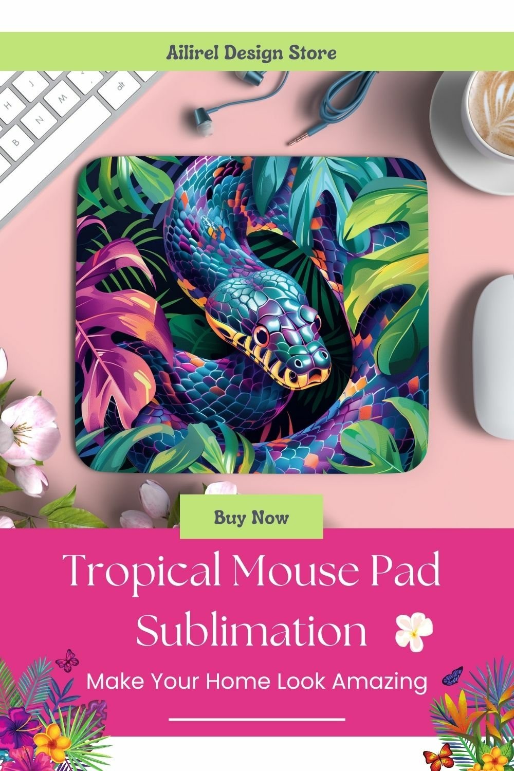 Snake Pattern On Mouse Colorful Snake Mouse Pad Design, Tropical Mouse Pad Wrap