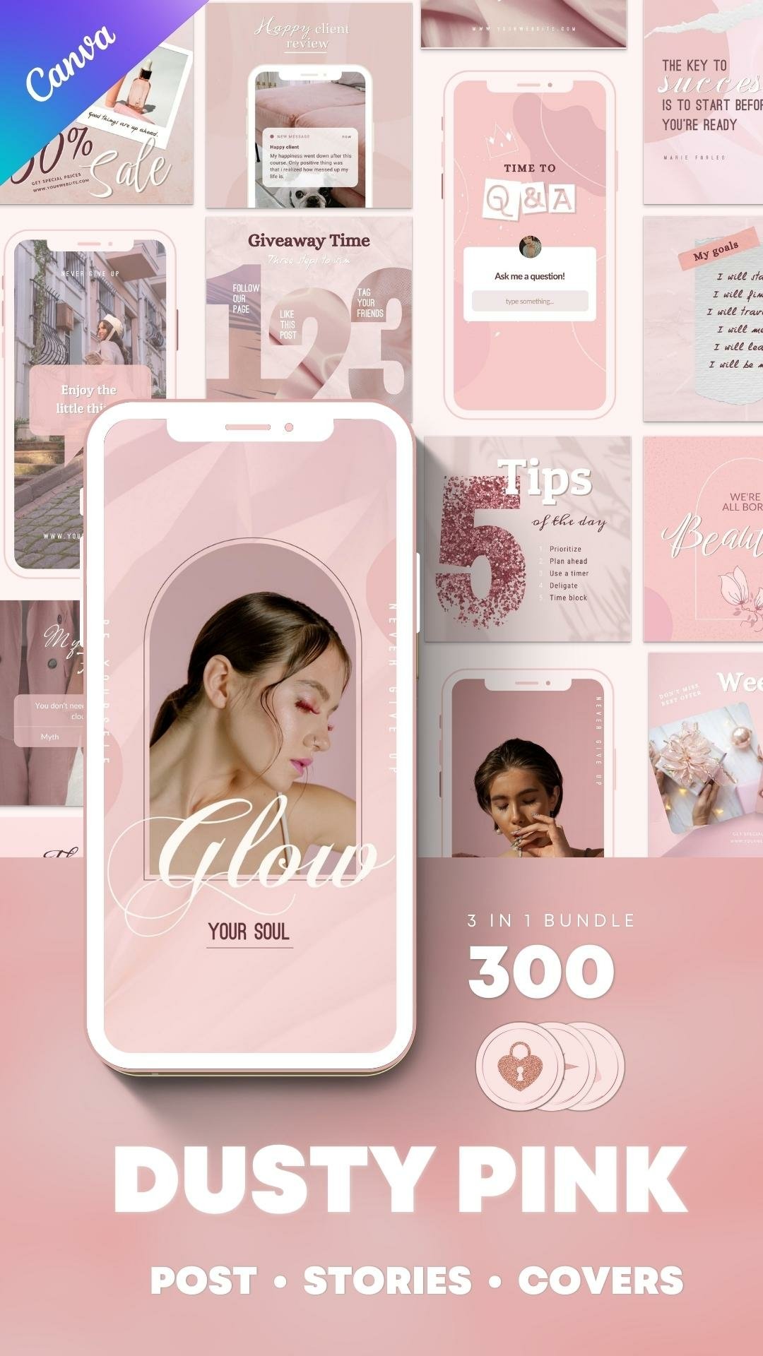 3in1 Pink Instagram Post & Story Canva Template Bundle.