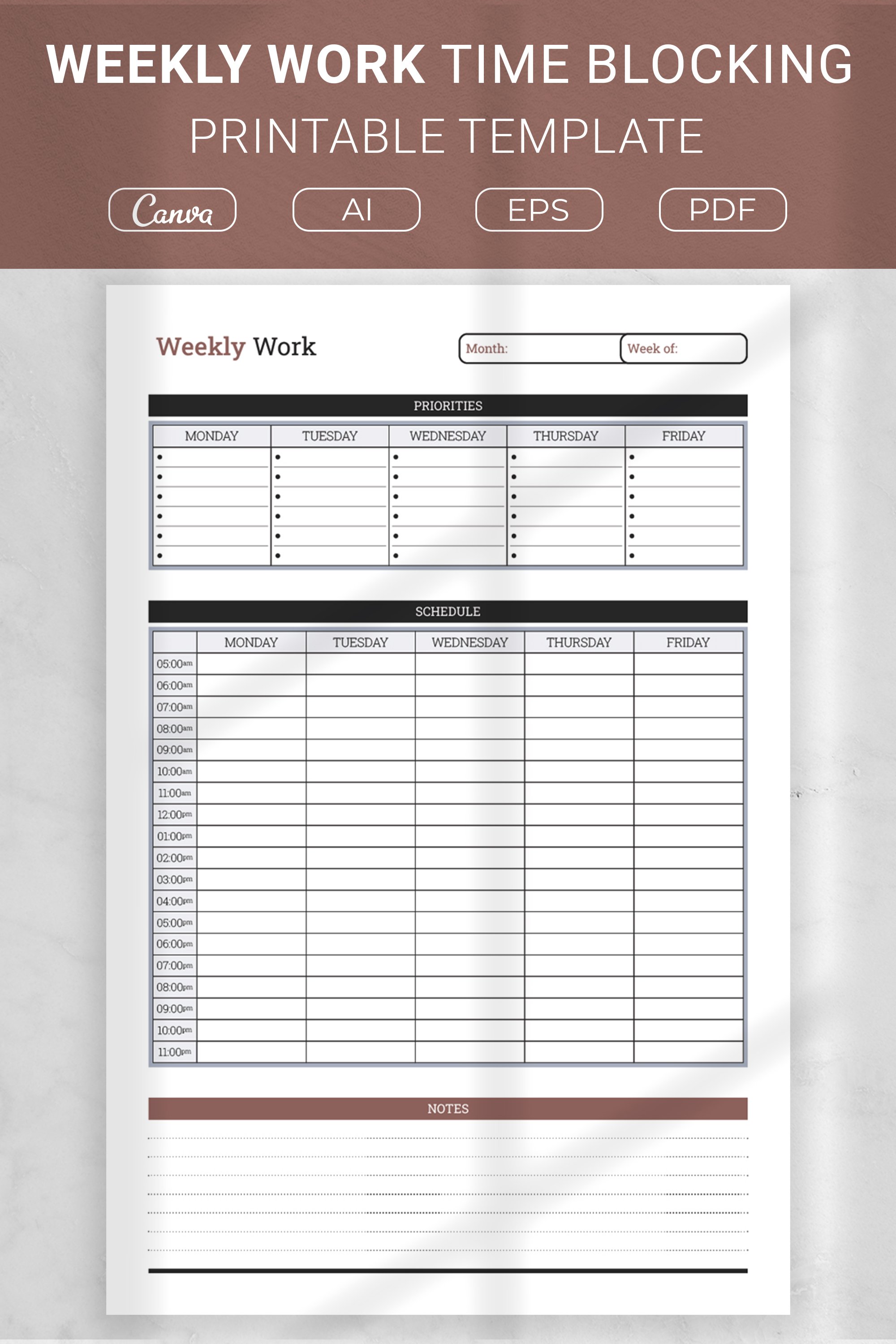 Weekly Work Time Blocking Printable Template