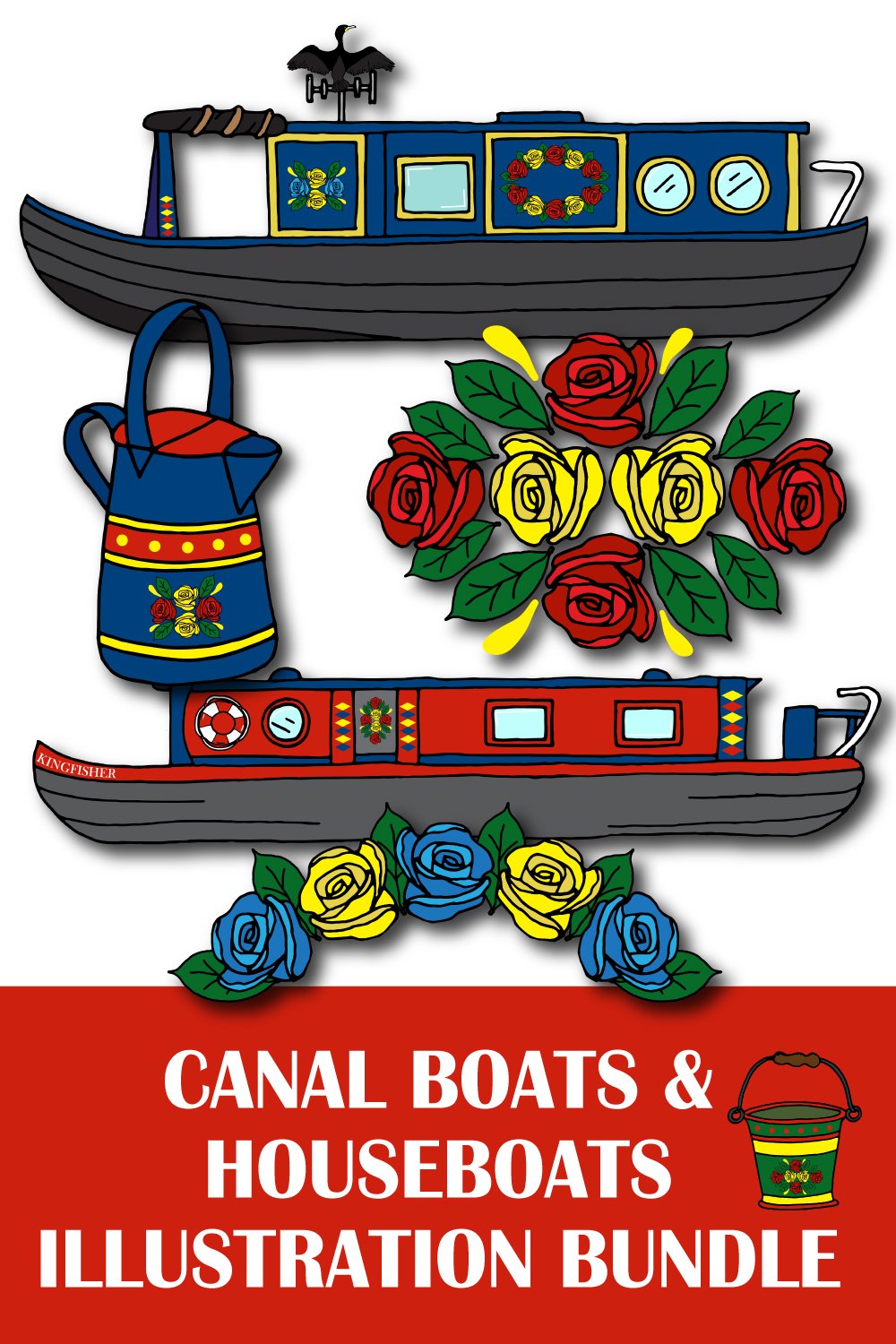 Canal Narrowboats Barges and Houseboats Illustration Bundle (1282609