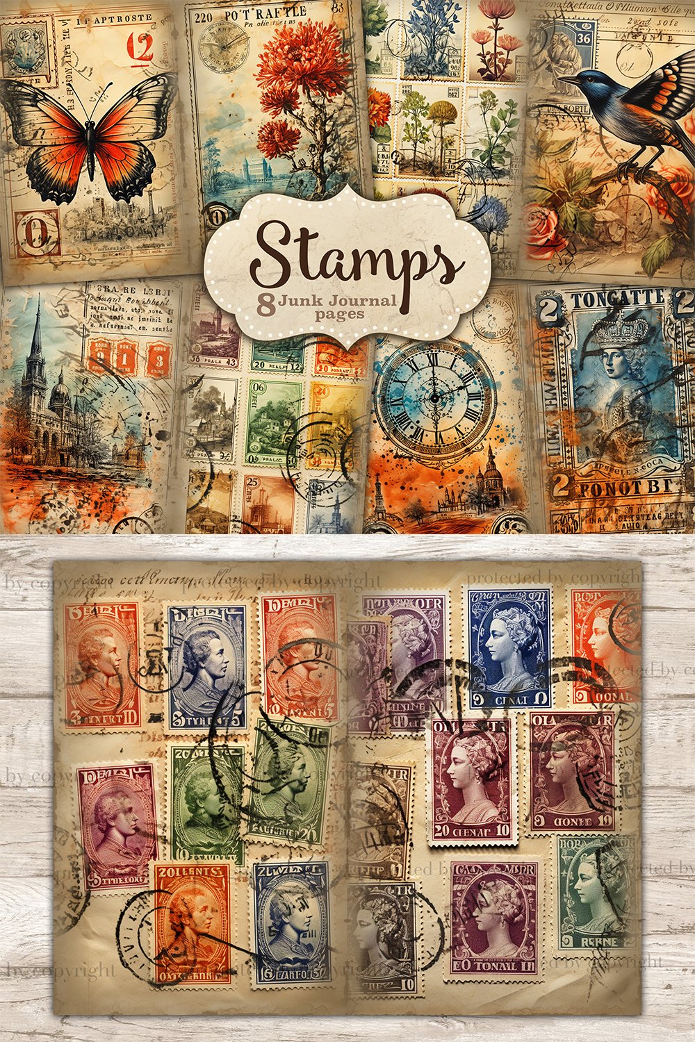 Stamps Junk Journal Pages | Vintage Collage Sheet