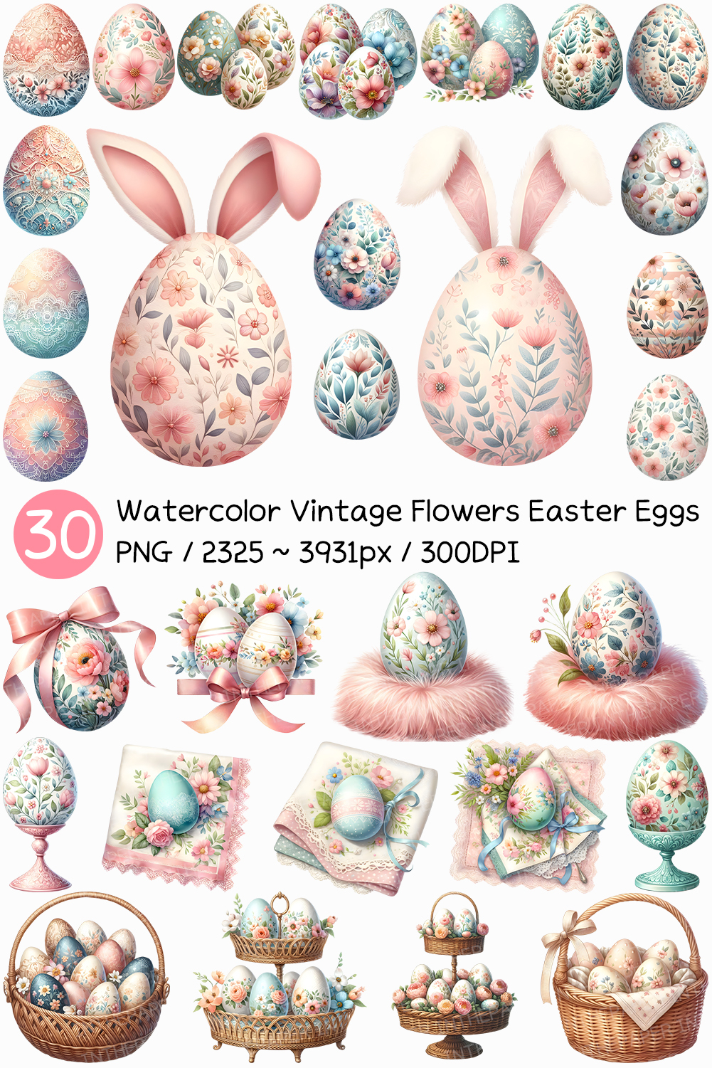 Watercolor Vintage Flowers Easter Eggs PNG | Pink Bunny Lace