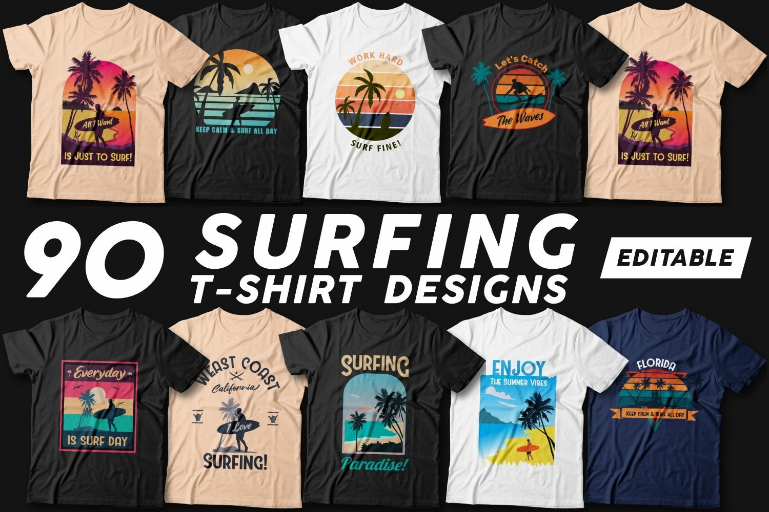 Surfing t shirt designs bundle