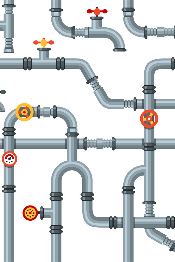 Industrial pipes seamless pattern. Pipe valves and taps, dra