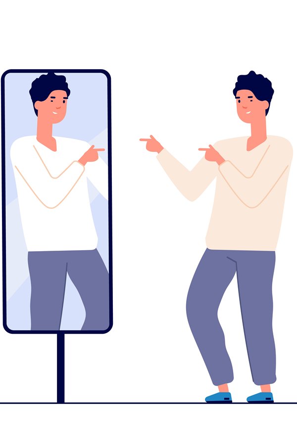 Man at mirror. guy self looking reflection, love of self. na