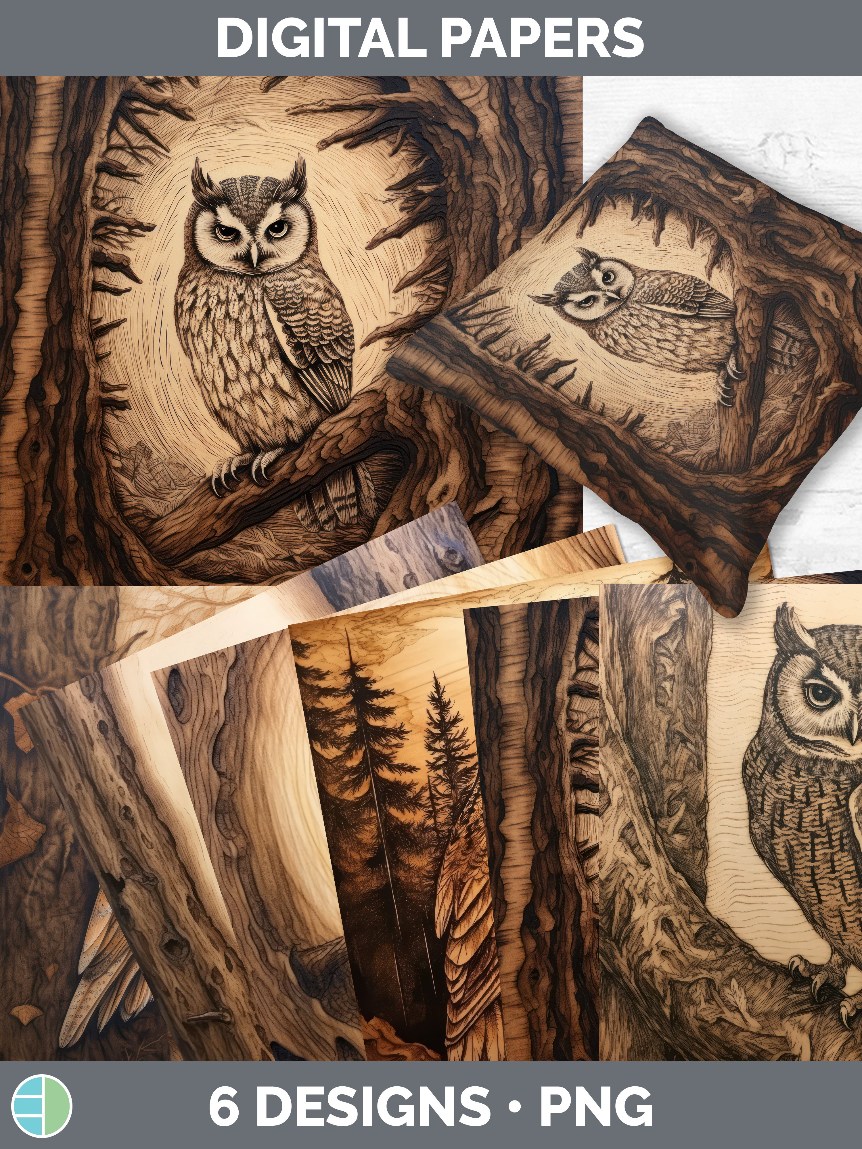 Wood Burned Owl Bird Paper Backgrounds | Digital Scrapbook P