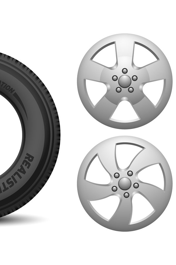 Car rims and tire. Isolated realistic rubber wheels. Vehicle