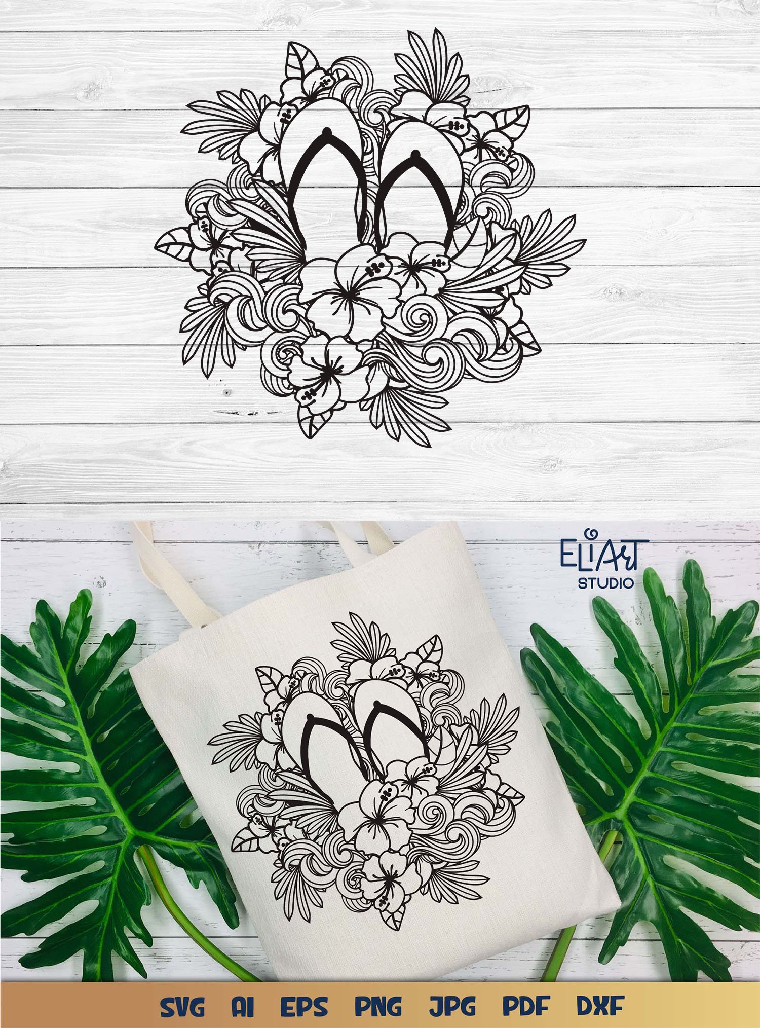 Summer Flip Flops SVG | Hibiscus SVG Design with Ocean Waves