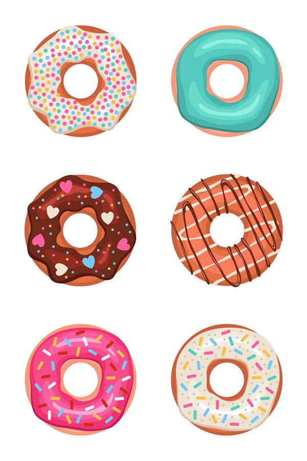 Donuts. Doughnuts in colorful glaze, kids sweets assorted, p