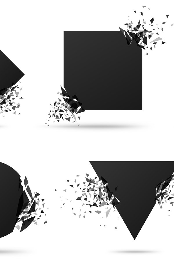 Exploded frame with spray particles. Explosion destruction,