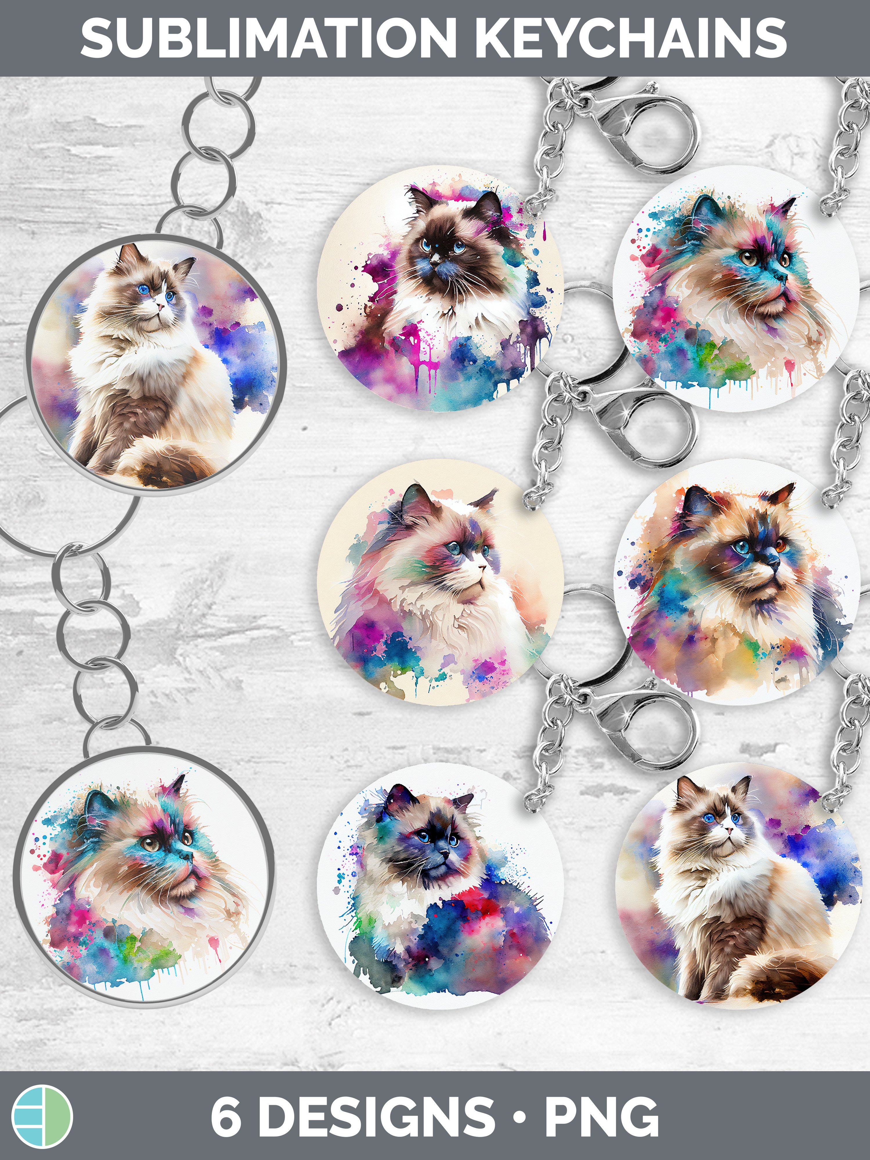 Rainbow Ragdoll Cat Keychain Bundle Keyring Sublimation De