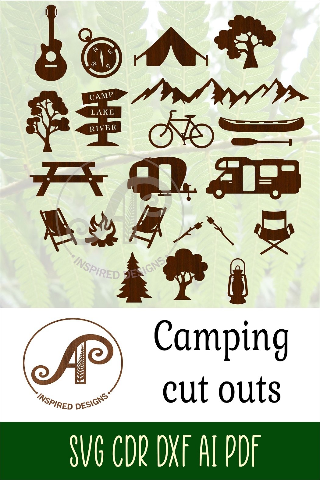 18 Camping theme cut out designs, laser cut file, shapes SVG
