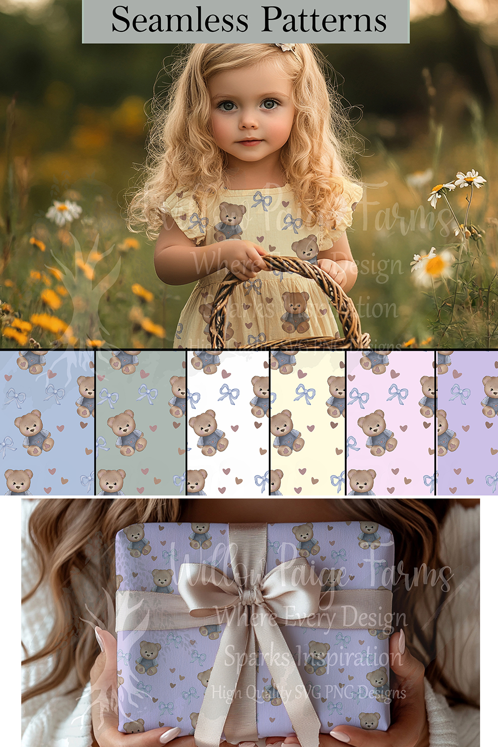 Teddy Bears, Bows & Hearts Seamless Pattern 6 Background