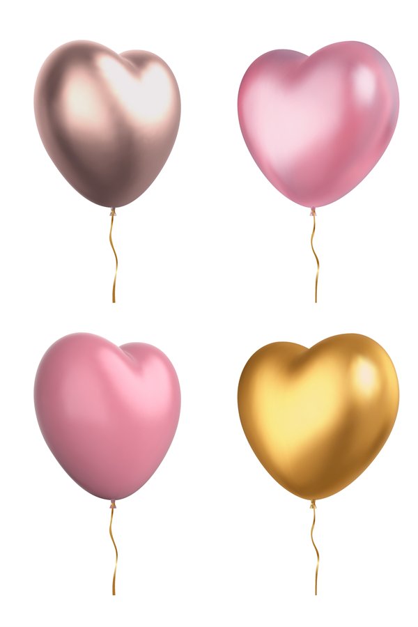 Realistic 3d valentine pink and golden heart shaped balloons