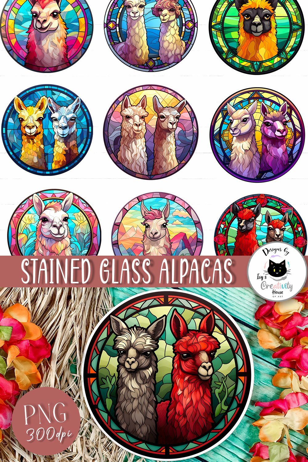 Stained Glass Llama Sublimation Bundle | Alpaca PNG Designs