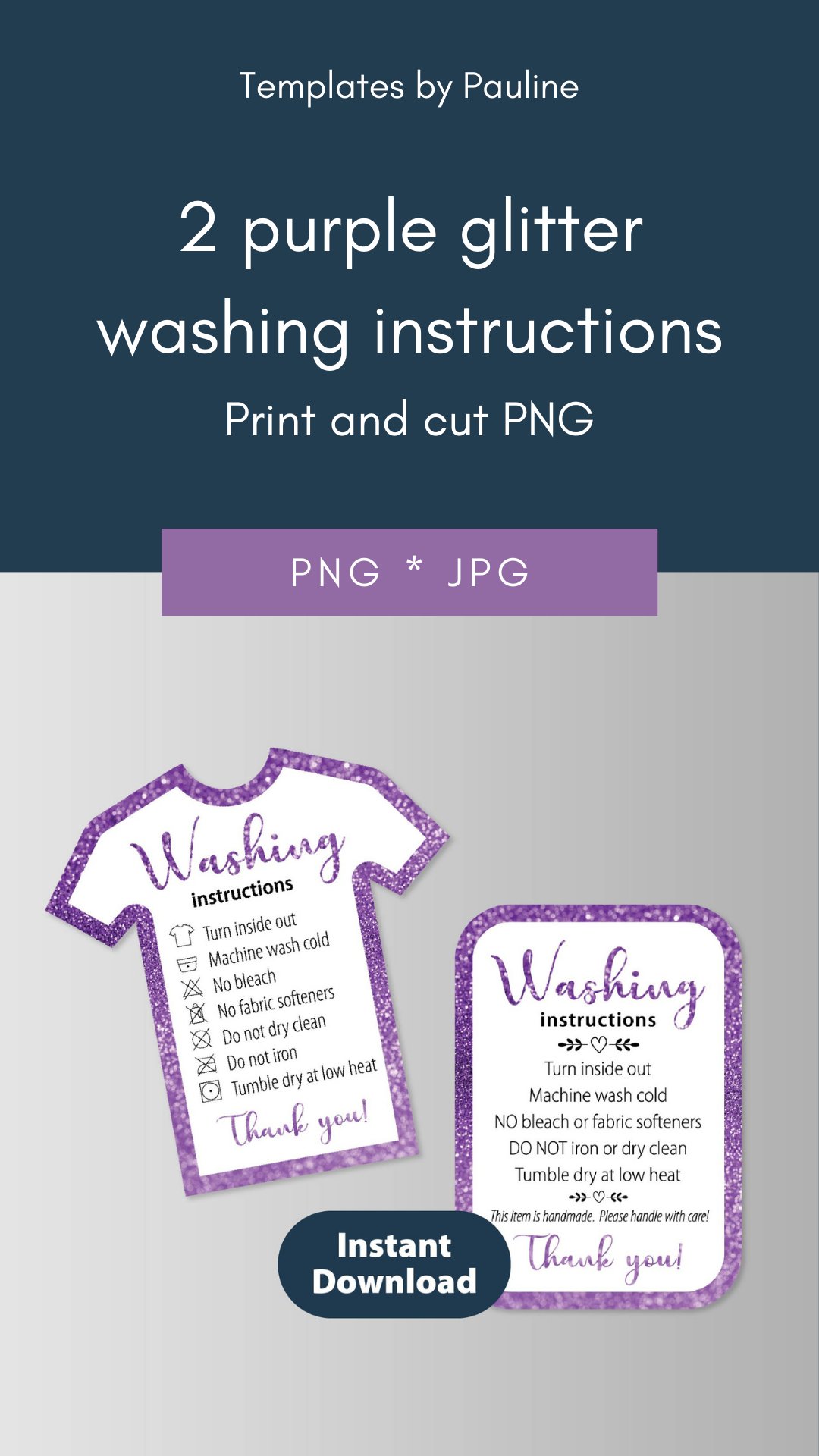 2 glitter purple shirt washing instructions. Care cards PNG.