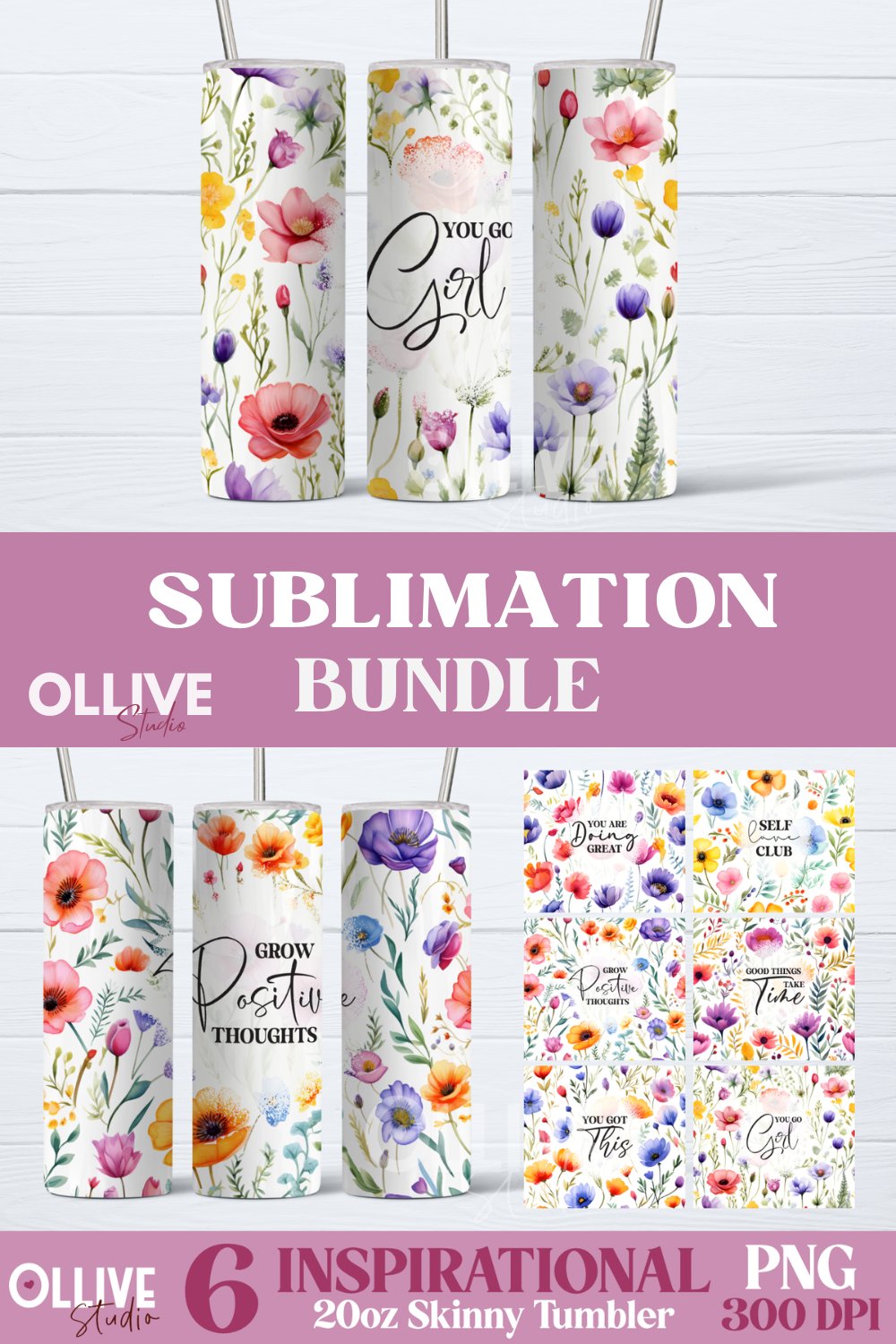 Inspirational Floral Tumbler Wrap PNG Bundle