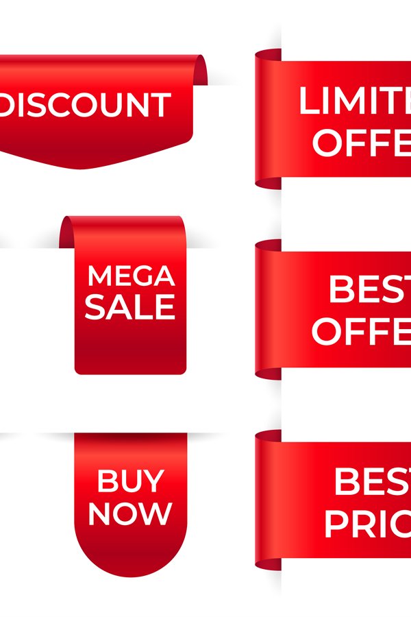 Red ribbon labels. Shopping exclusive stickers and big sale