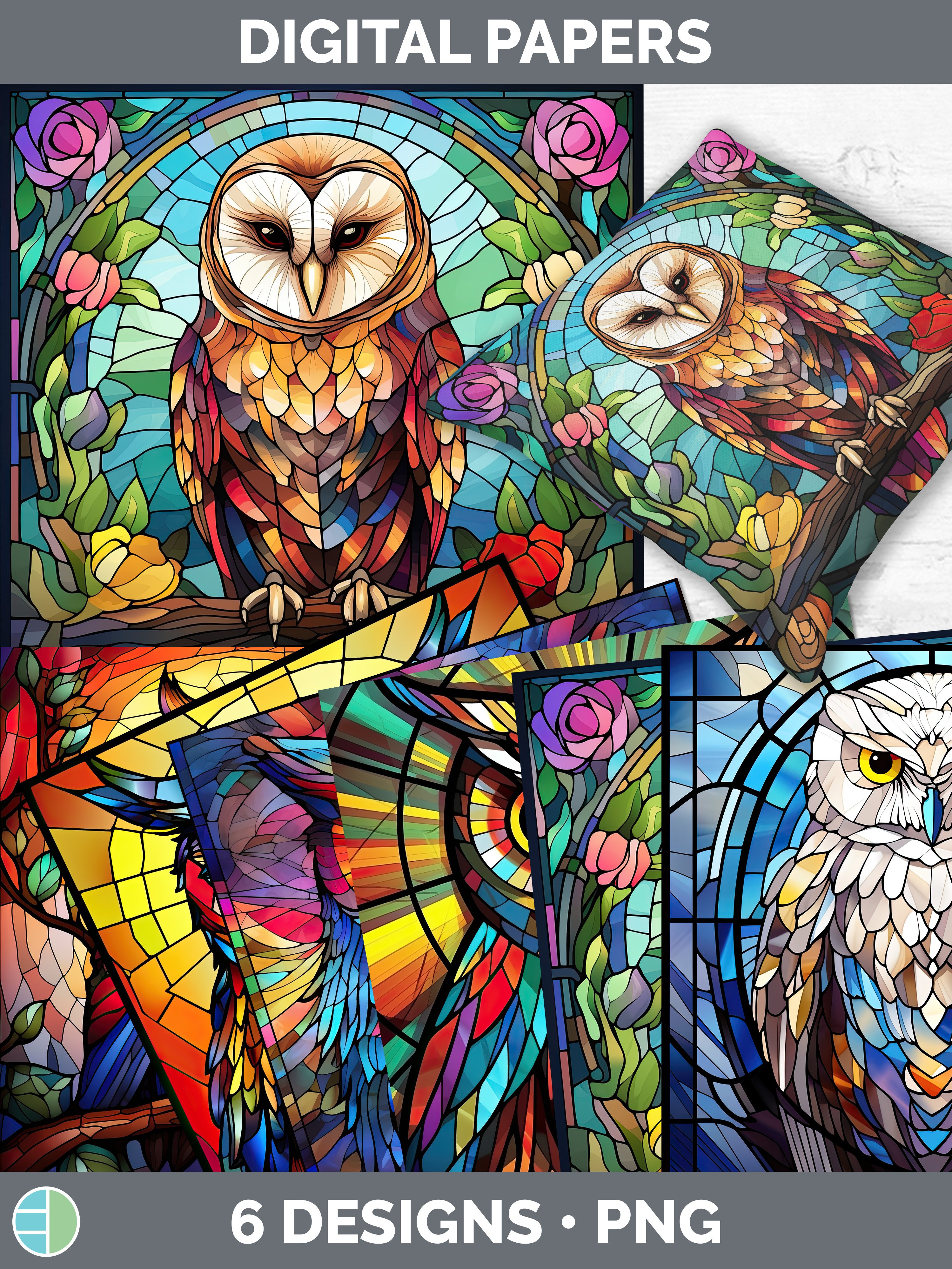 Stained Glass Owl Bird Paper Backgrounds | Digital Scrapbook