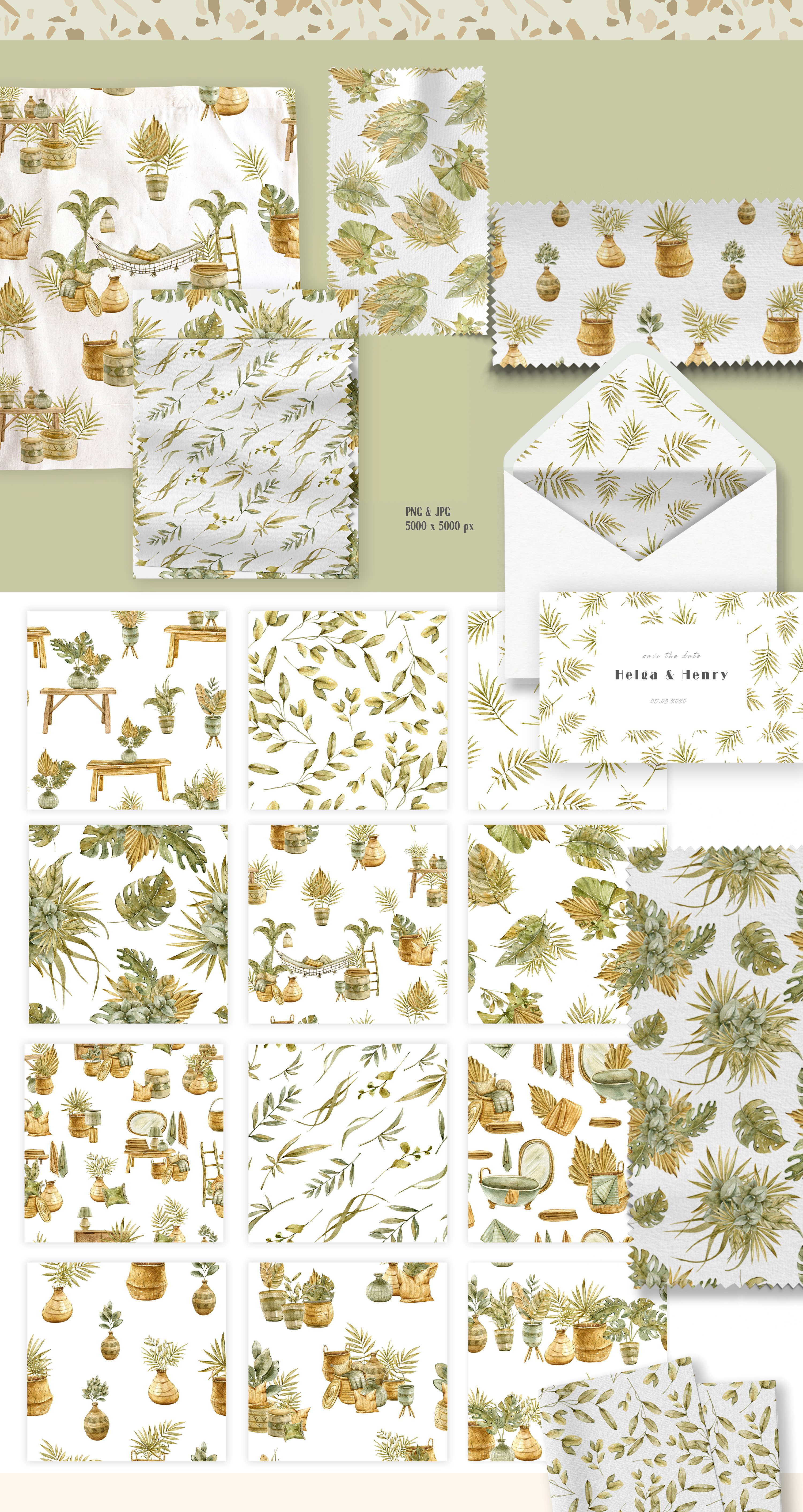 Watercolor boho floral digital paper / seamless patterns