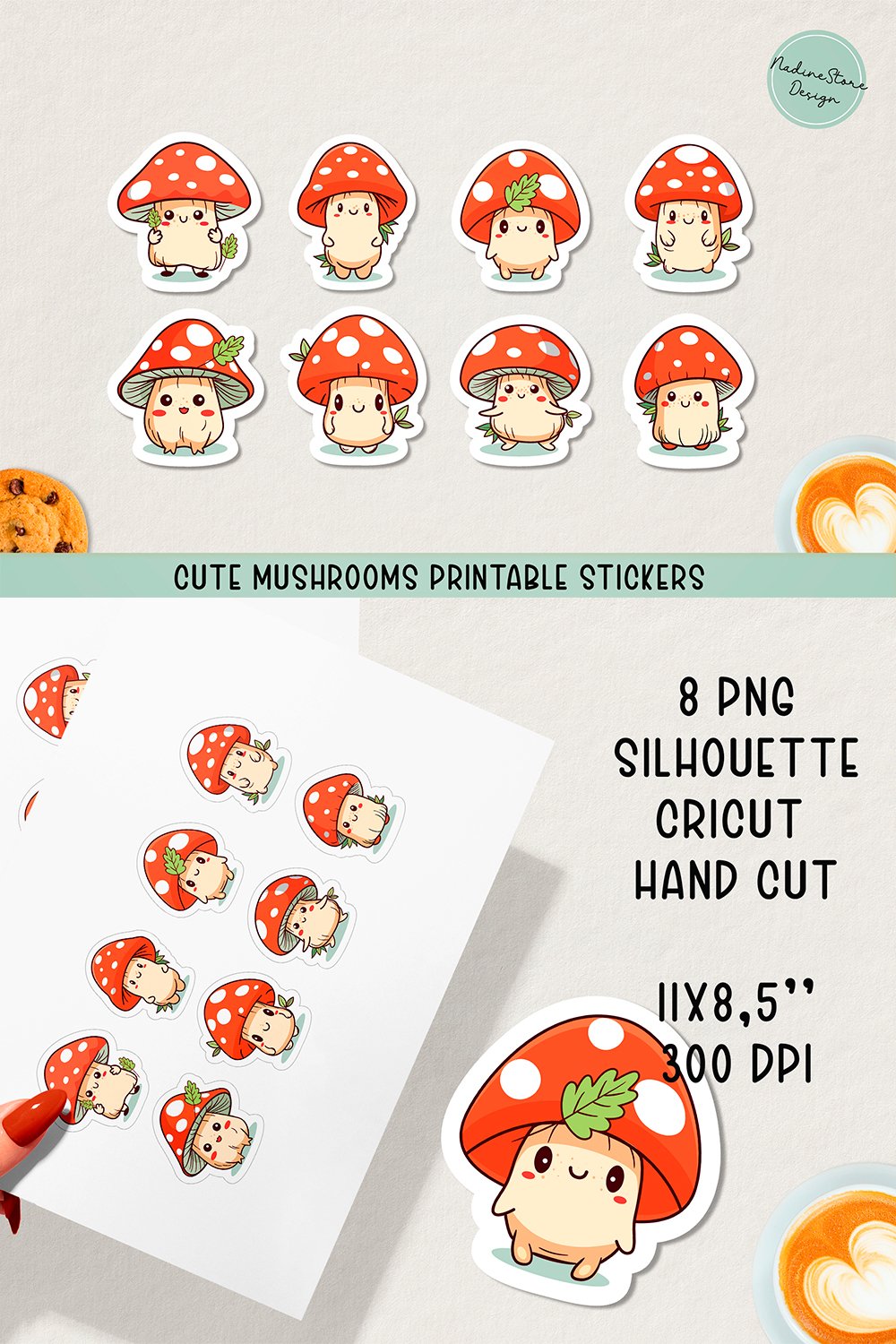 Cute mushrooms printable stickers. Cricut stickers. JPG, PNG