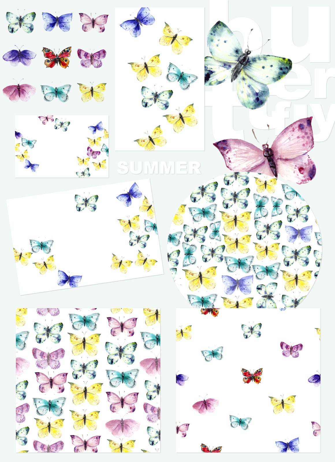 Watercolor summer butterflies clipart, seamless patterns