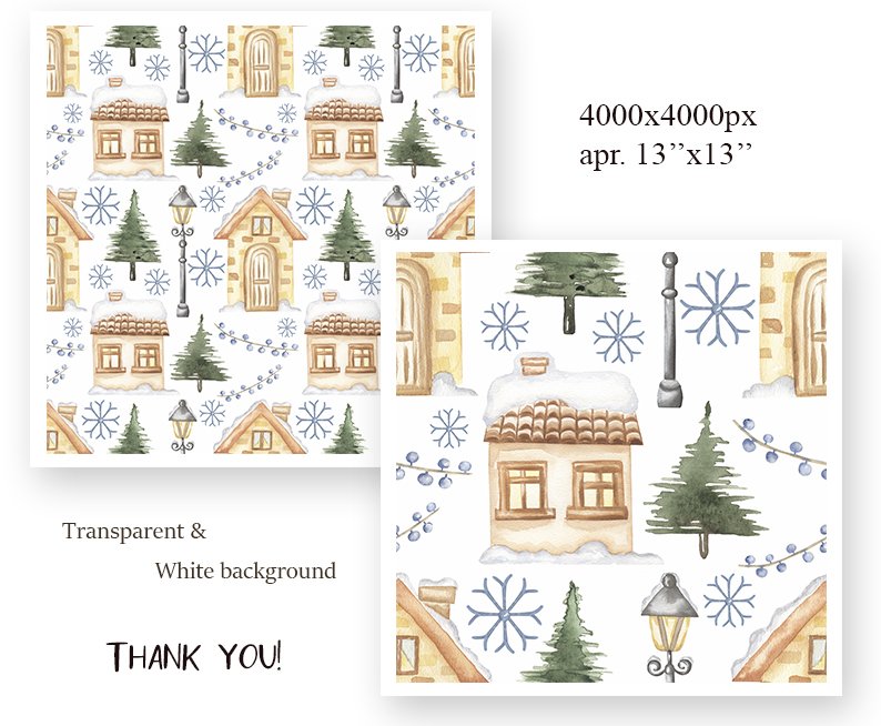 Watercolor Winter Houses Seamless Pattern (1621487)