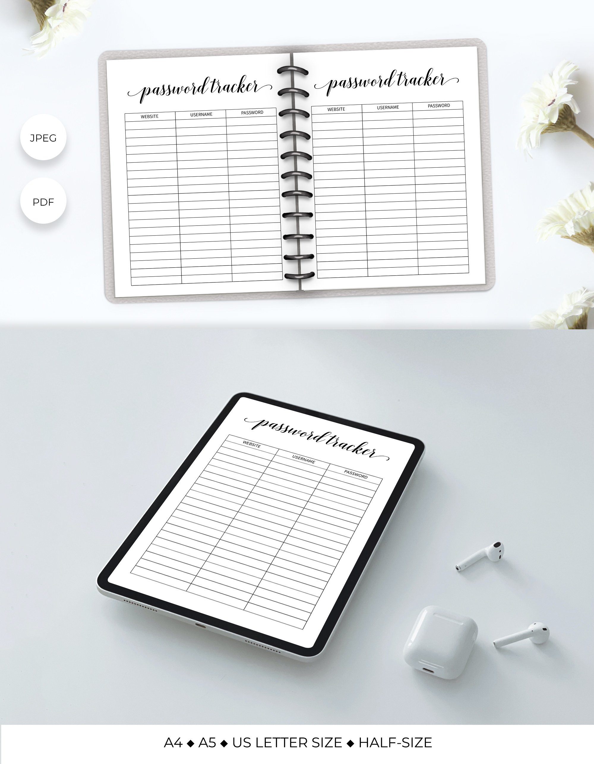 Password tracker page template. Planner inserts printable