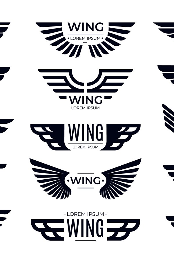 Wings badges. Flying emblem, eagle bird wing and winged fram