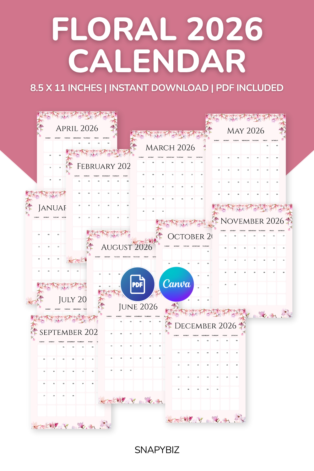 2026 Canva Flower Calendar Editable Template