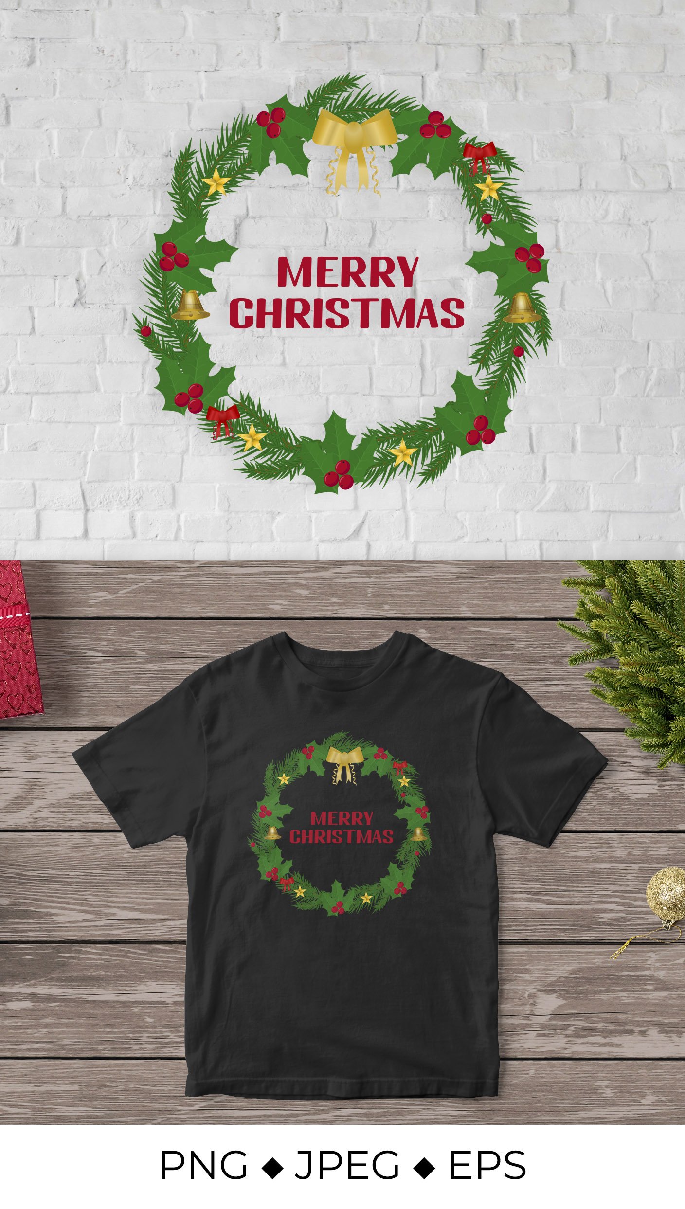 Merry Christmas lettering with wreath of fir branches PNG