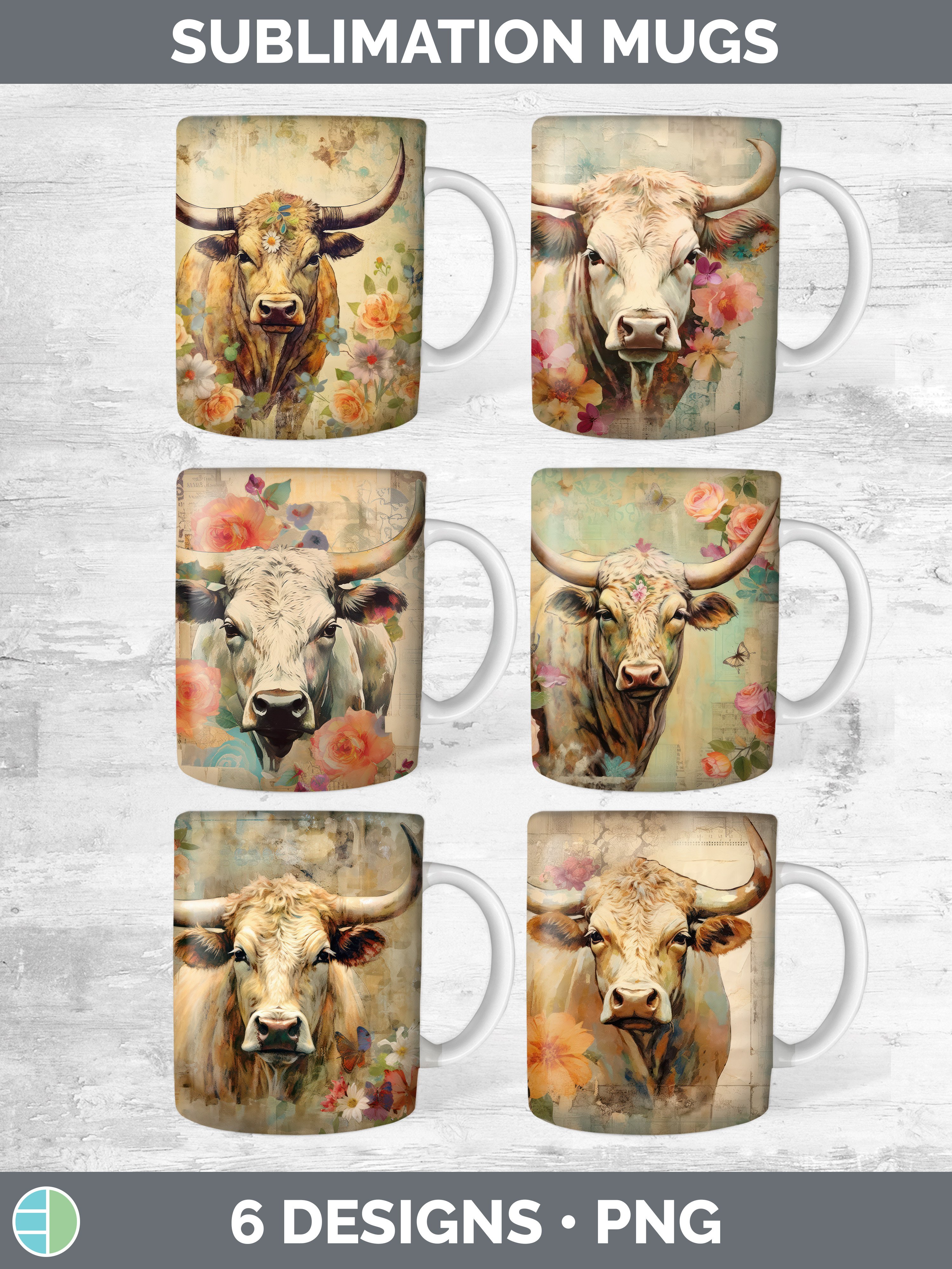 Vintage Bull Mug Wrap | Sublimation Coffee Cup Designs Bundl