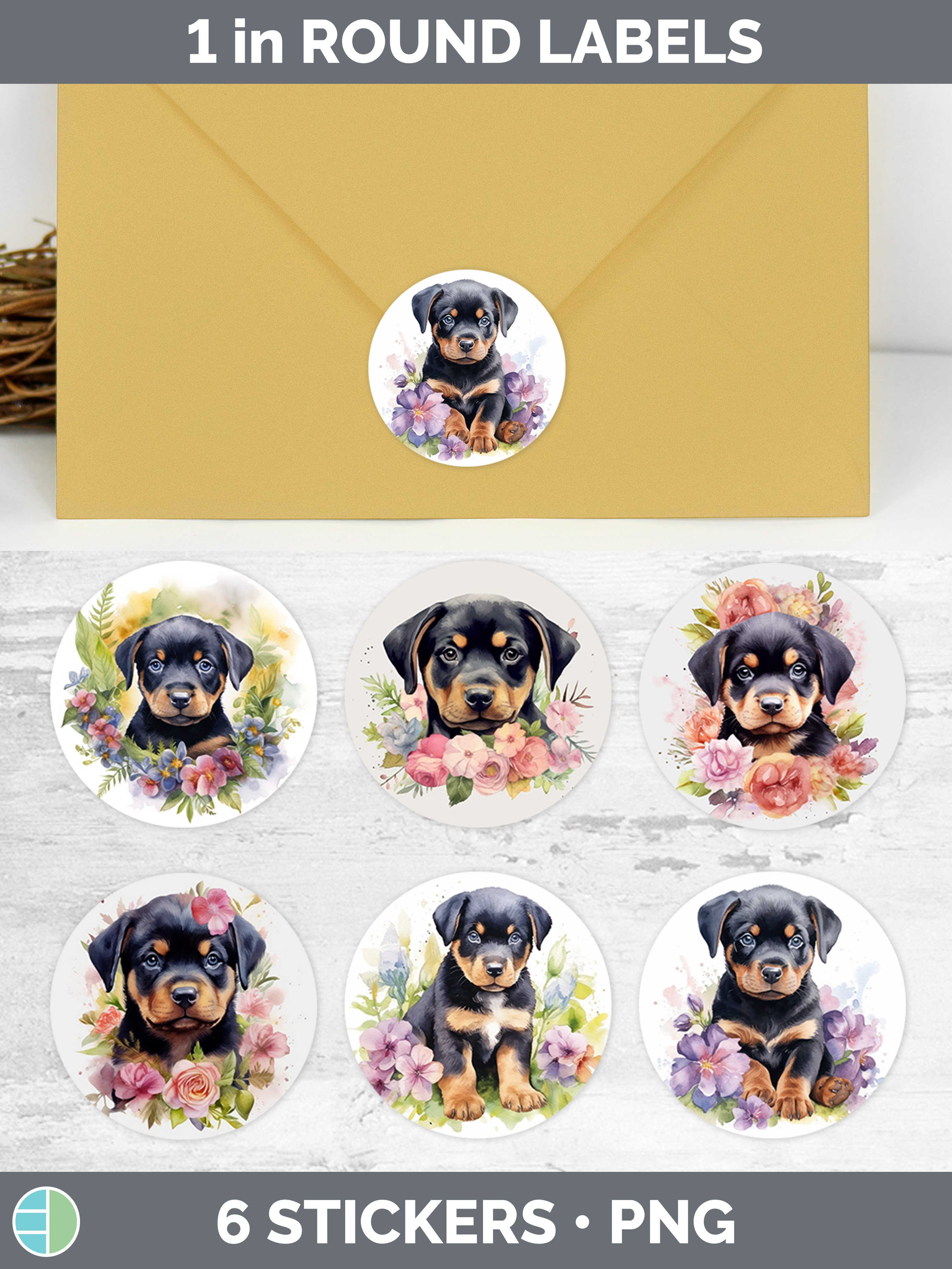 Watercolor Rottweiler Dog Stickers | Round Labels Designs Bu