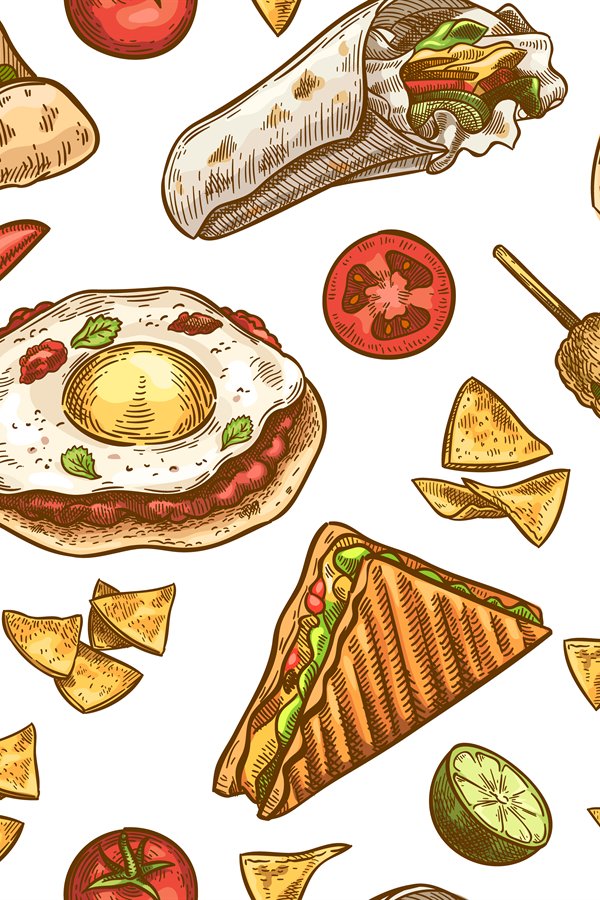 Mexican food seamless pattern. Mexican kitchen tacos, burrit