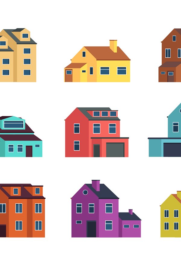 Houses front view. Urban and suburban house, town buildings,