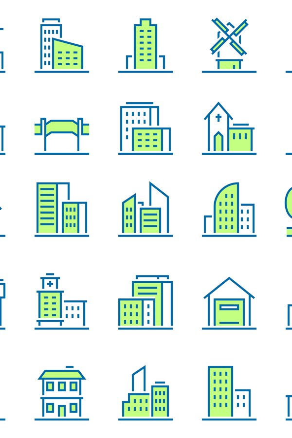 Color line building icons. Green town icon, city buildings a