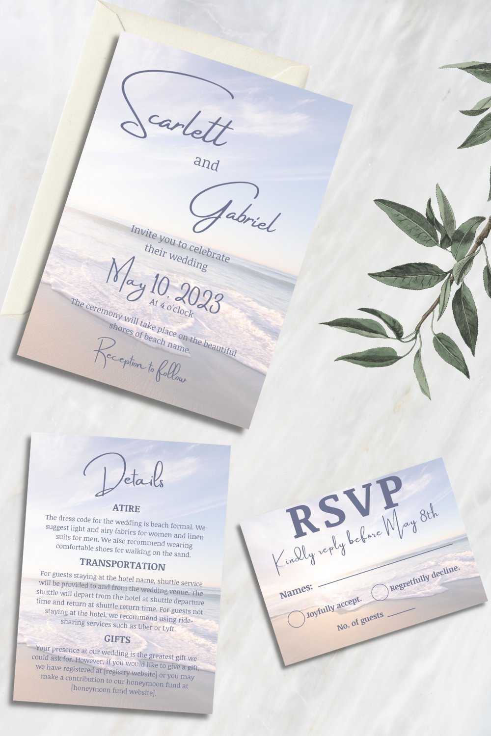 Printable Beach Wedding Invitation Template Set