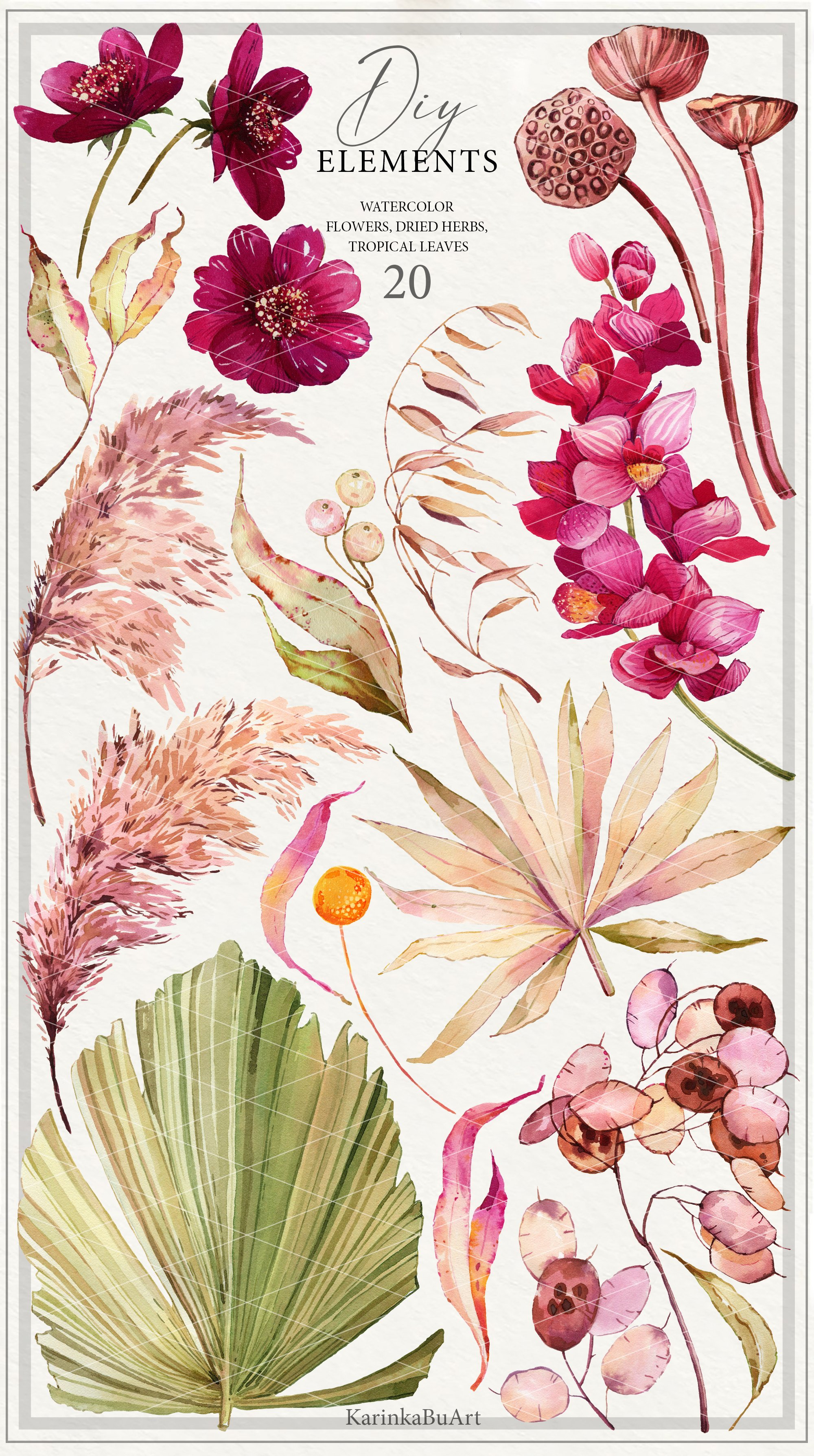 20 PNG Watercolor Floral Boho clipart set. DIY elements