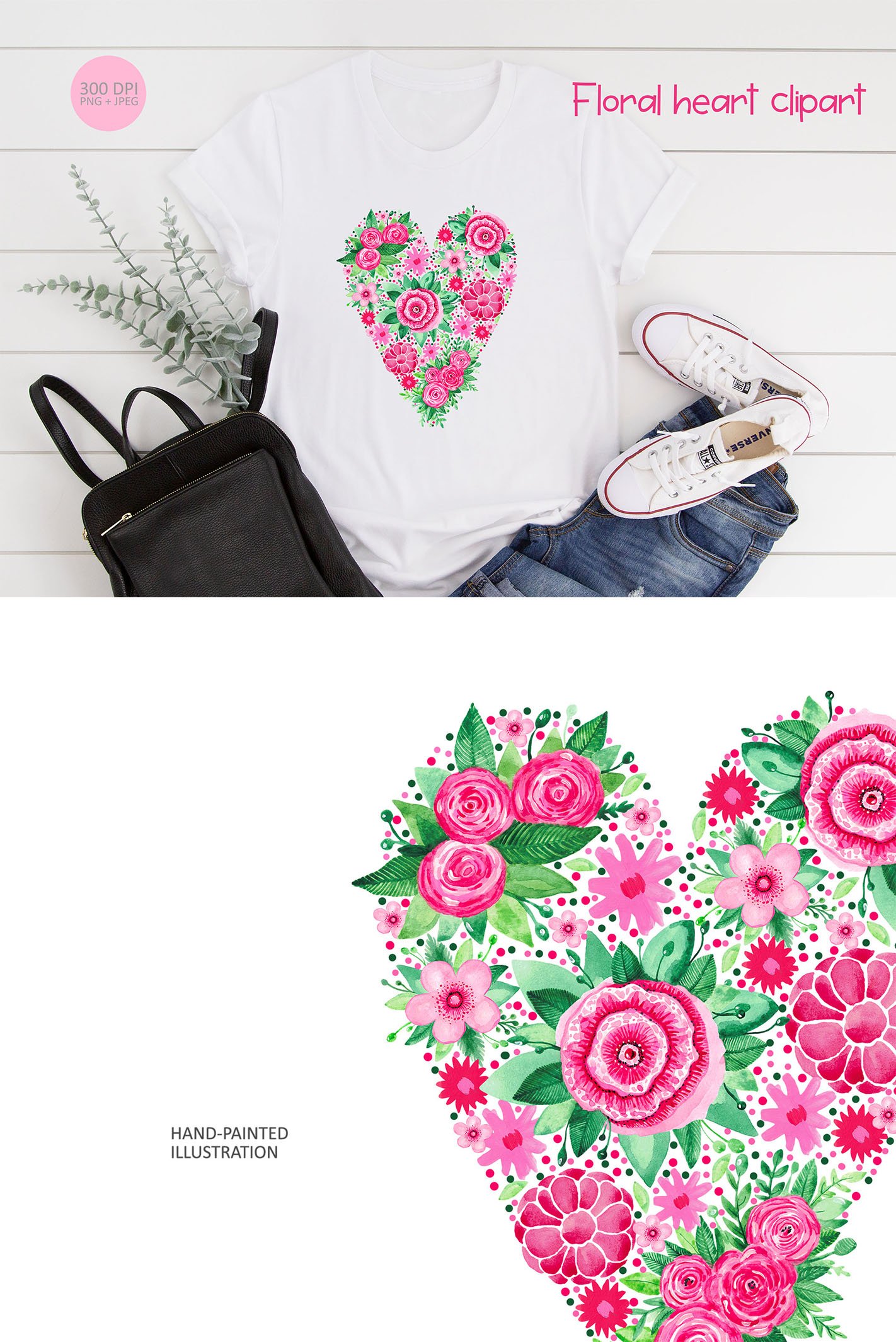 Watercolor love floral heart sublimation design PNG.