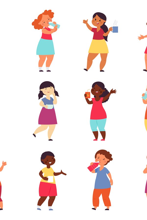 Kids drinks. Refreshing drink, drinking water tea juice. Gir