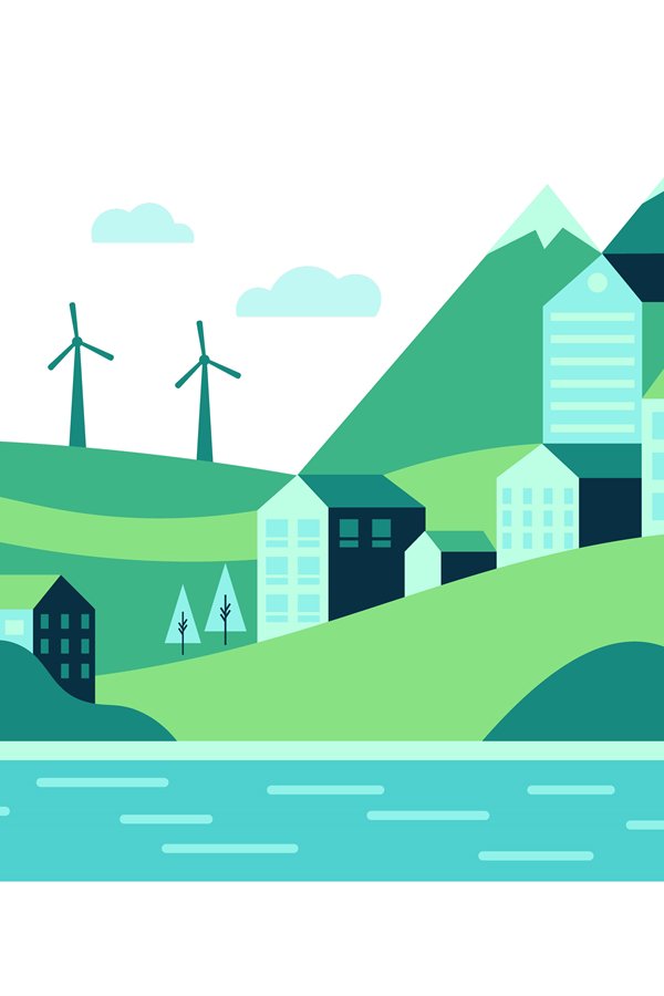 Eco urban city landscape with buildings, hills and mountains