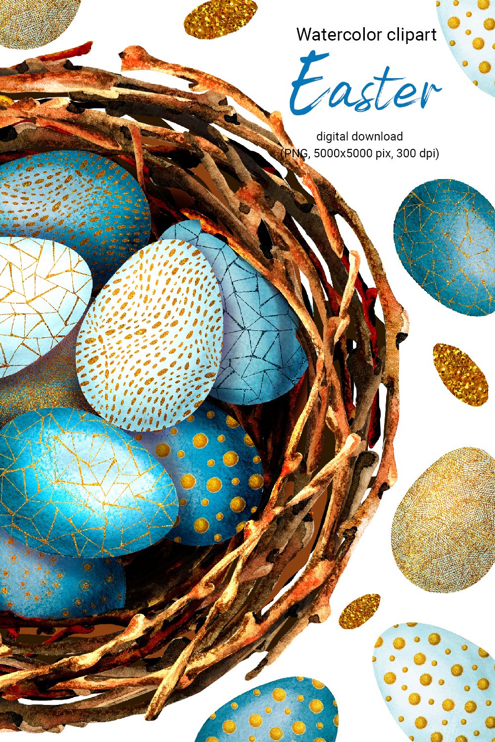 Easter painted eggs with gold pattern in a bird's nest
