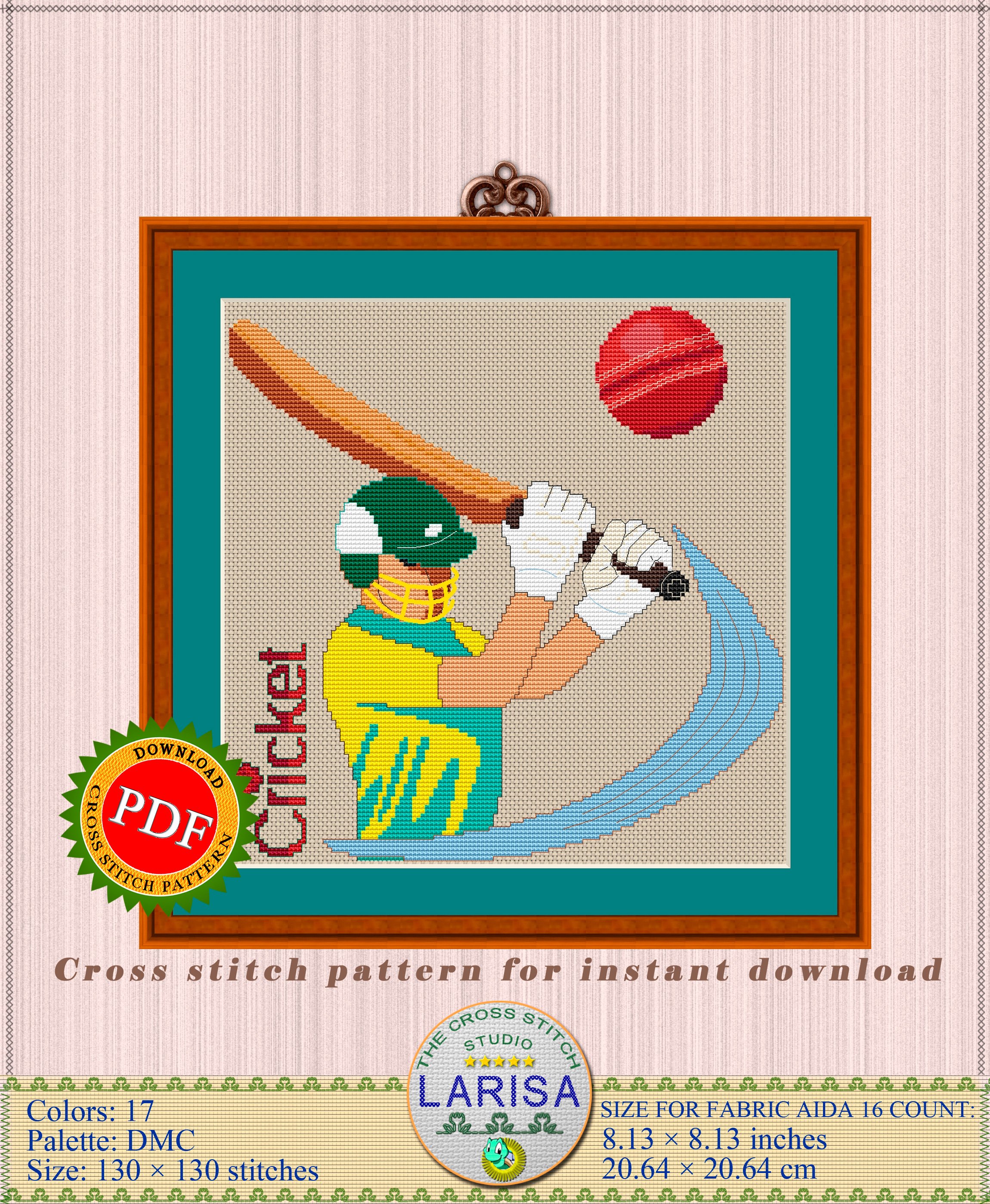 Cricket Cross Stitch Pattern Cricketer Batsman