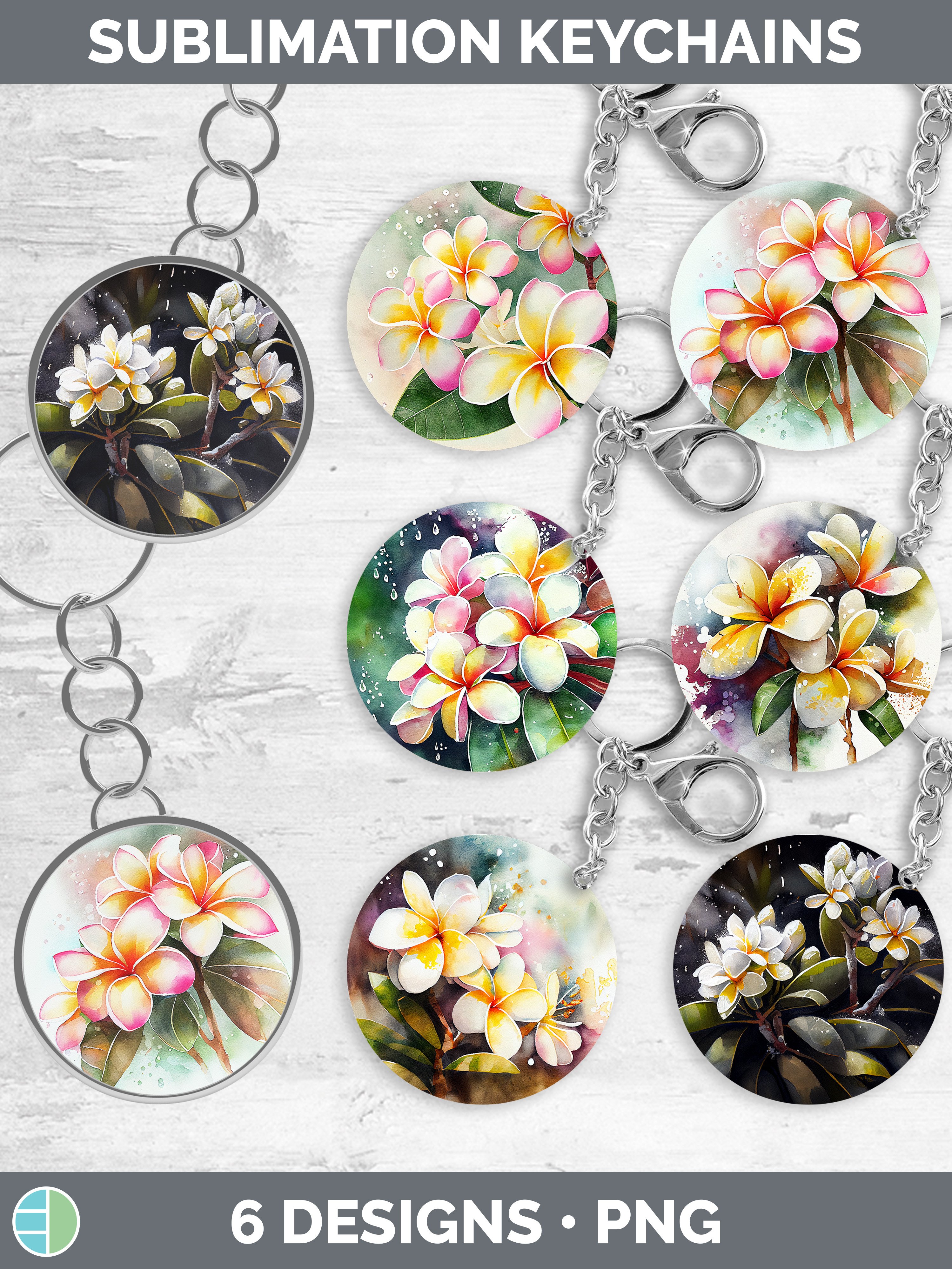 Snowy Plumeria Keychain Bundle Keyring Sublimation Designs