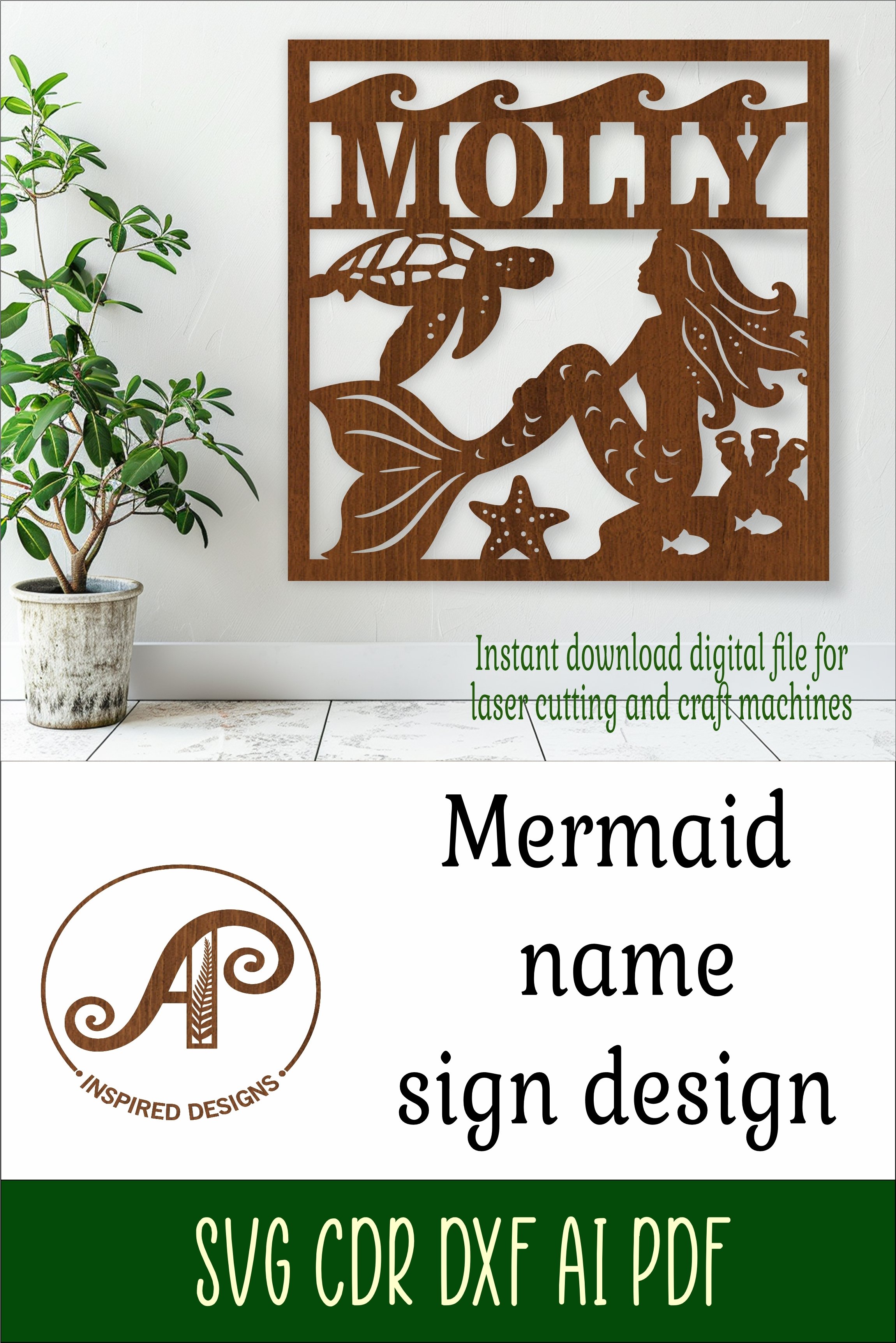 Mermaid square named wall sign or card topper svg laser cut