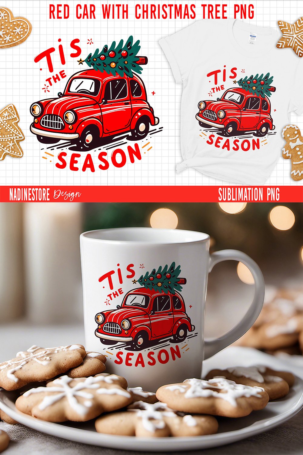 Red car with Christmas tree Sublimation PNG. (2899722)